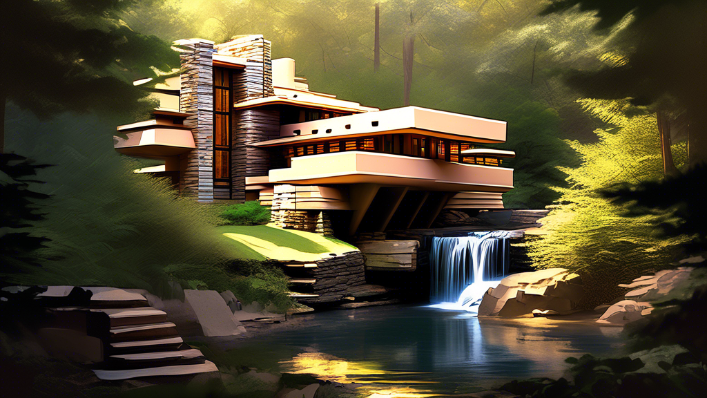 Dramatic artistic interpretation of Frank Lloyd Wright's Fallingwater integrated into a serene, lush forest setting, capturing the essence of a well-composed photograph, with sunlight filtering through the trees onto the historic architecture.