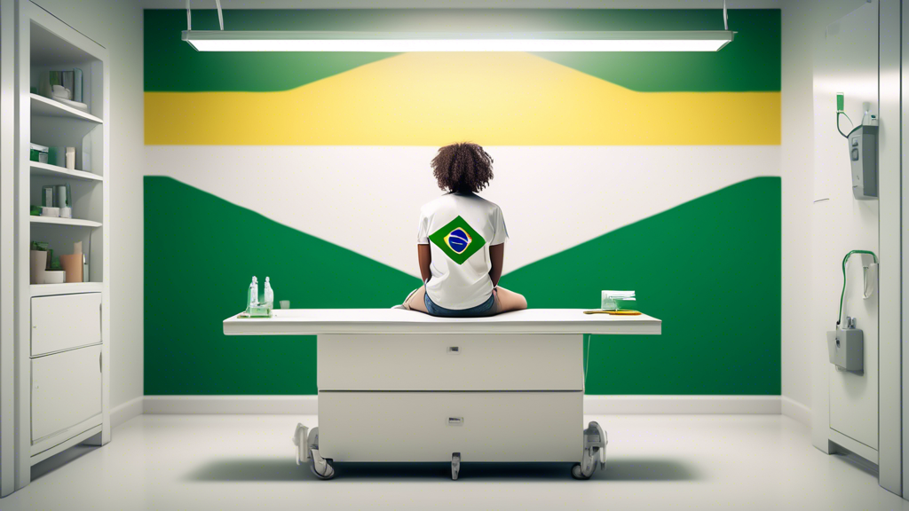 A nervous person sitting on an examination table in a sterile white room with Brazilian flag colors incorporated into the design.