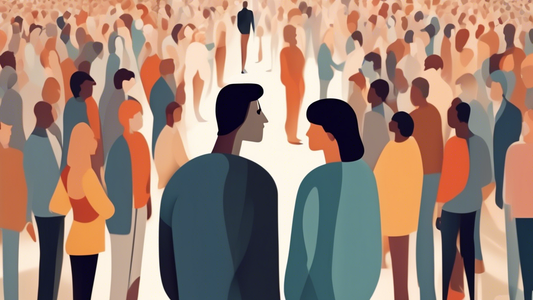 An animated image of two people standing face-to-face in a crowded social setting, surrounded by abstract and blurred faces to symbolize the confusion and stress of someone with face blindness trying to recognize a friend.