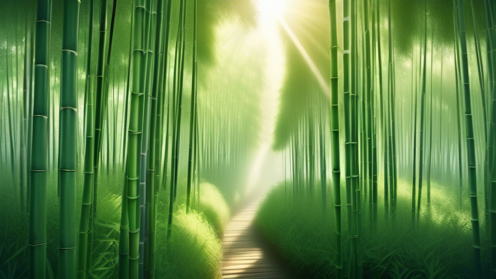 A breathtaking aerial view of a serene bamboo forest in Kyoto, Japan, with the morning sun gently illuminating the mist hovering above the green canopy.