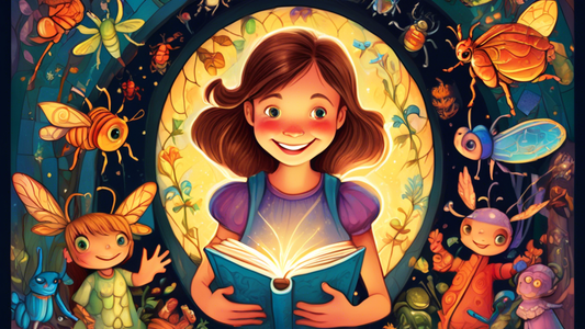 A whimsical children's book cover featuring a smiling woman holding a glowing book, surrounded by captivated children and fantastical creatures.