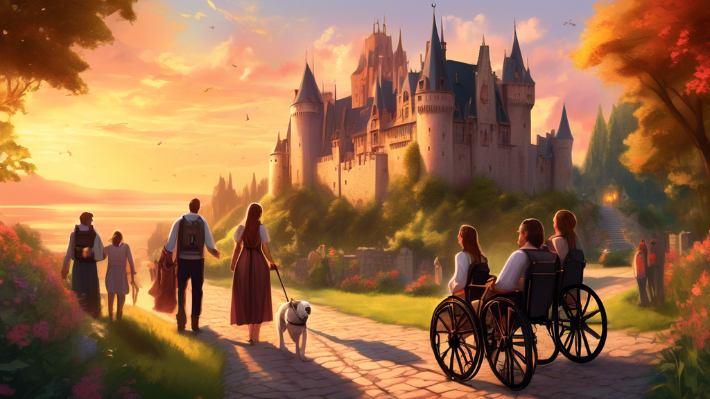An enchanting medieval European castle at sunset, with a group of diverse travelers including individuals in wheelchairs and with service dogs, joyfully exploring the accessible pathways and facilities, surrounded by lush gardens.