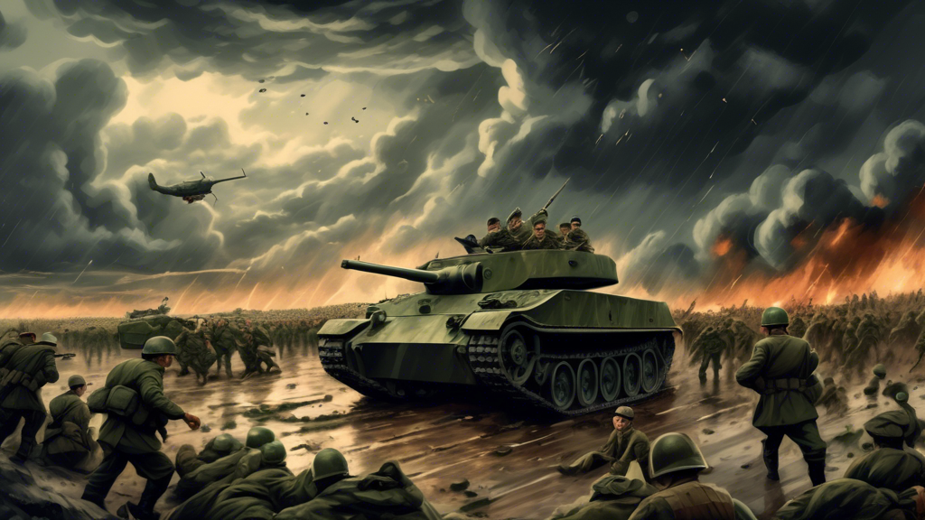 A dramatic scene under a stormy sky depicting a military coup with tanks and soldiers in the foreground, and in the background, a single, cowardly Irishman sneaking away from the chaos.