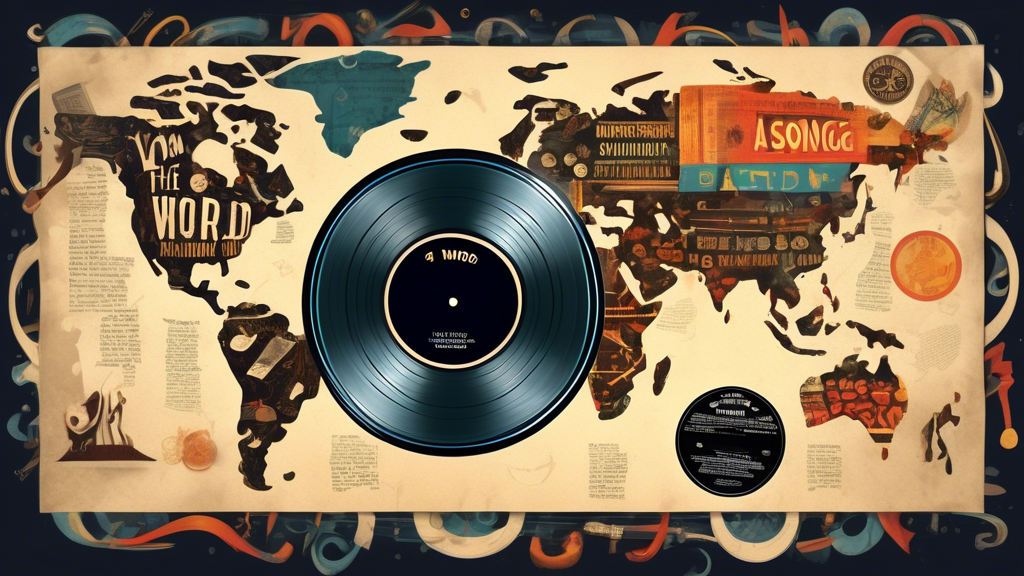 Create an artwork of a vinyl record levitating over a vintage world map, surrounded by musical notes and instruments from various cultures, with the title 'Around the World in Ten Songs' illuminating the scene.