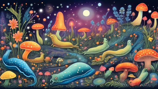 A colorful illustration of serene slugs in a tranquil fantasy garden under a moonlit sky, showcasing a variety of peaceful slug species coexisting with glowing mushrooms and gentle streams.