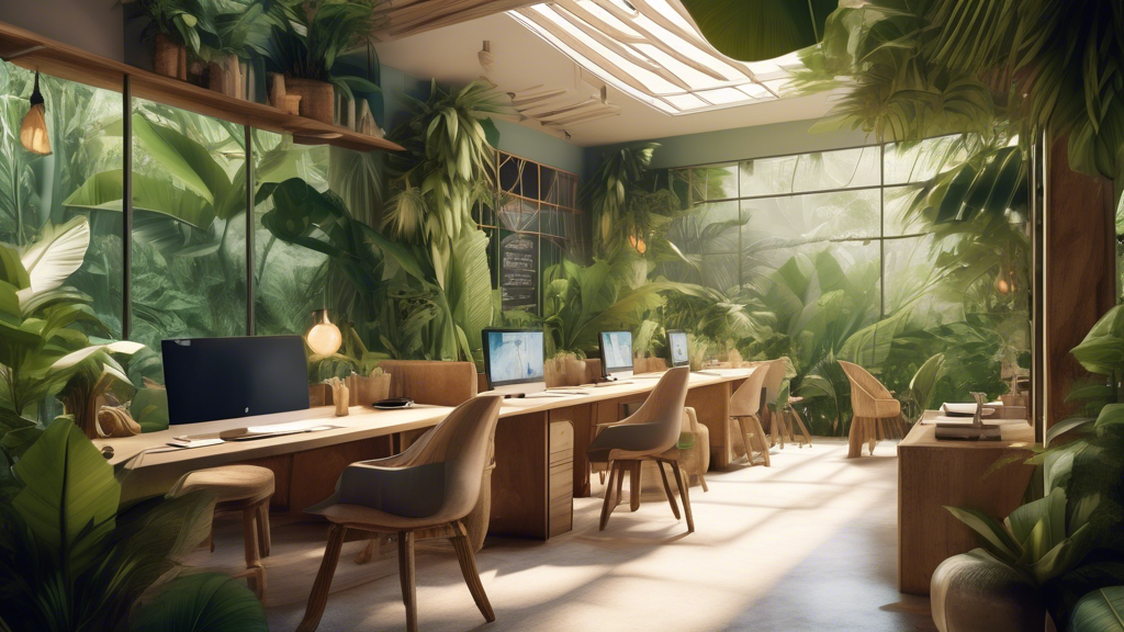 A serene and stylish co-working space nestled in the heart of Bali, surrounded by lush tropical greenery and digital nomads immersed in their work.