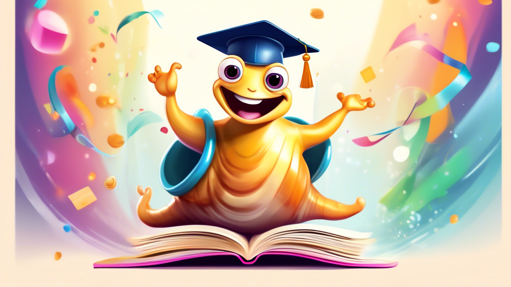 A snail wearing a graduation cap triumphantly crossing a finish line