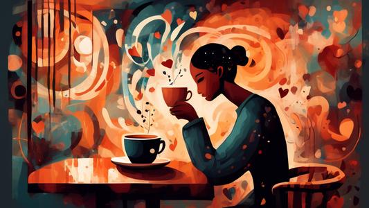 A whimsical artwork of a person having an intense emotional moment with a cup of coffee in a cozy, dimly lit café setting, surrounded by abstract symbols of love, passion, and energy.