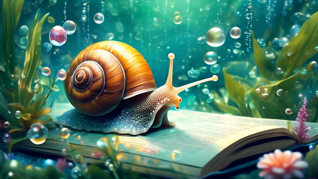 A detailed close-up of a snail underwater, surrounded by lush aquatic plants and shimmering bubbles