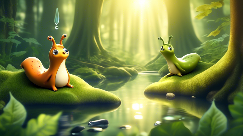 An enchanting scene of cartoon slugs meditating in a tranquil forest, with soft beams of sunlight filtering through the leaves and a gentle stream in the background, promoting peace and relaxation.