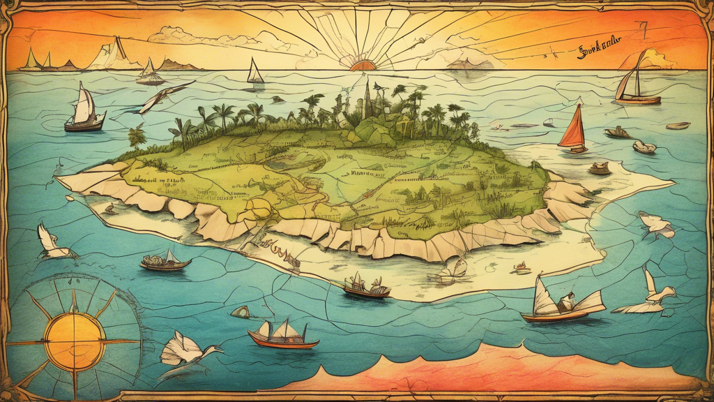 A vintage map of an island archipelago, labeled with locations like Swallow Island and Amazon River, with a paper boat sailing towards a rising sun drawn in a childlike crayon style.