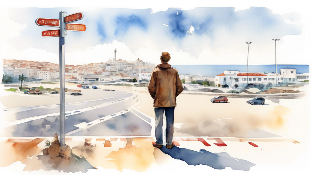 Watercolor painting of a traveler standing in front of Tanger airport looking at various signposts pointing towards different modes of transportation to the city center, with a picturesque view of Tanger in the background.