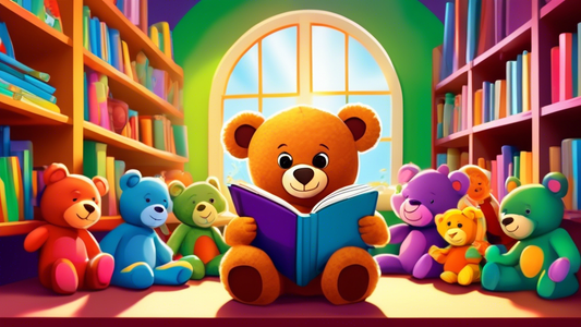 A colorful bookshelf overflowing with story books, a smiling teddy bear reading a book with a group of diverse children  in a bright kindergarten classroom.