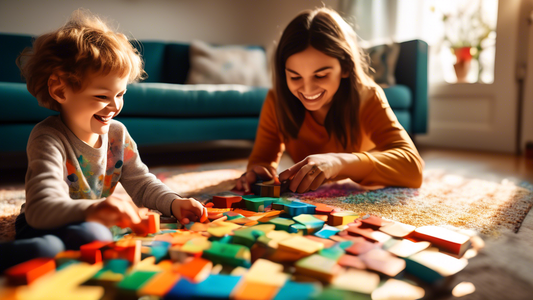 A child with autism playing with colorful blocks in a sunlit living room, smiling at a friendly caregiver holding a puzzle piece.