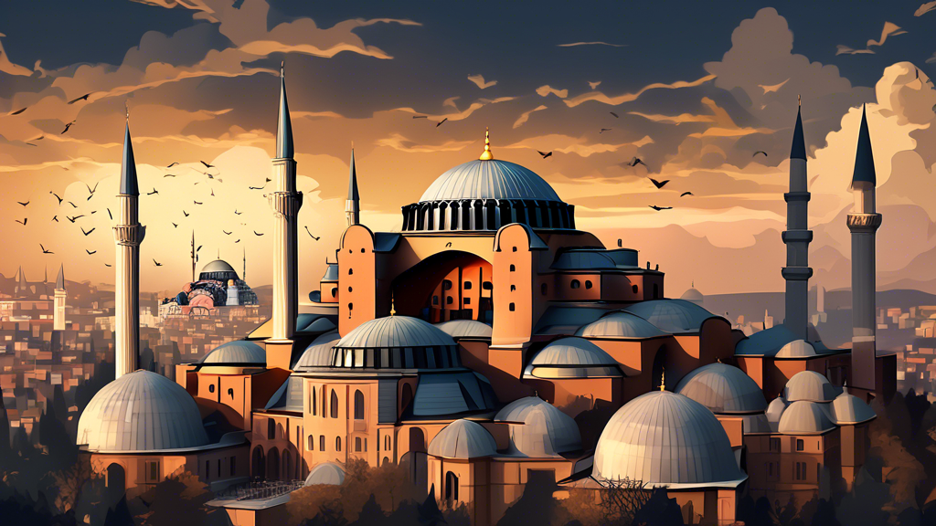 A beautiful transition illustration showing Hagia Sophia with its iconic domes and minarets gradually transforming into Aya Sofya, highlighting its rich historical and cultural journey over time, with a backdrop of changing skies from dawn to dusk.