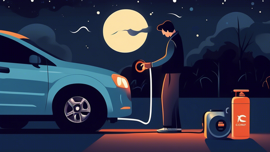 Detailed illustration of a person inflating a car tire at night by the roadside using the CARSUN rechargeable air pump tire inflator, with an emphasis on the device's portability and ease of use.