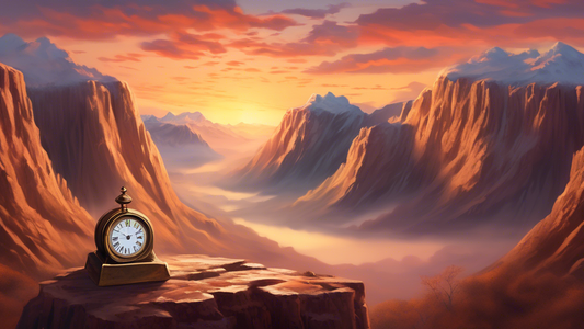 Serene landscape of a vast mountain range with an ancient clock embedded in the cliff face, its hands frozen in time under a timeless sunset sky, symbolizing the concept 'You Have Plenty of Time'.