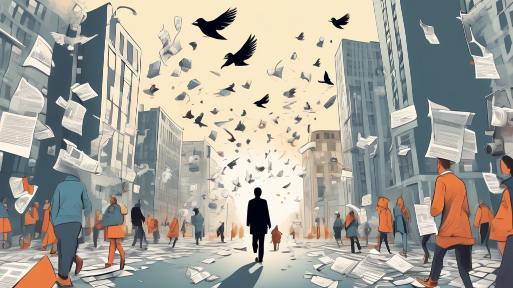 A digital illustration of a person walking through a city, trying to avoid newscasters and newspapers that have come to life and are following them around, with social media notifications popping up in the air like birds.