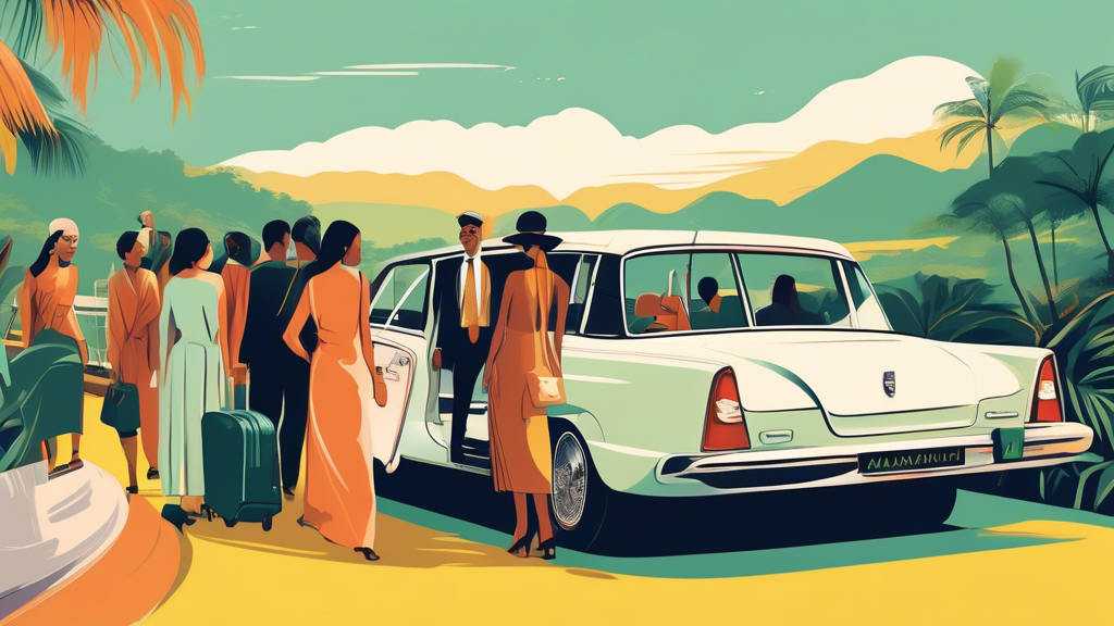 An illustration of a diverse group of passengers boarding a stylish, modern charter car with a lush Malaysian landscape in the background.