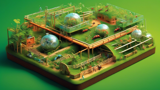 An illustration of a modern, vibrant ant farm bustling with activity, featuring various top accessories like miniature bridges, climbing structures, and moisture control systems, set against a lush green background.