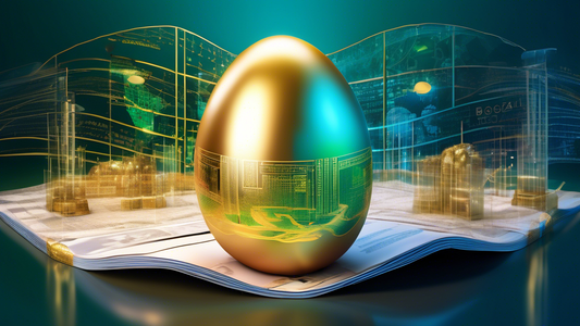 A golden egg nestled in a futuristic retirement community, with holographic projections of stock charts labeled Bosco Jones Millennium Fund and Global-2030 Fund.