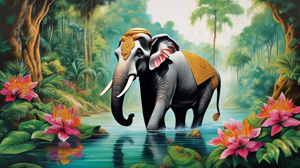 An elephant gracefully adorned with traditional Thai decorations wandering through a lush jungle filled with exotic greenery, ancient temples peeking through the trees, and a serene river flowing near