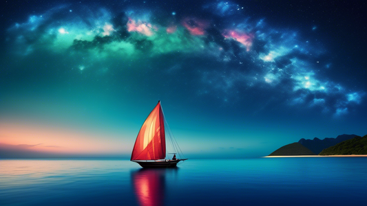 A lone sailboat on a calm ocean beneath a swirling night sky filled with stars.