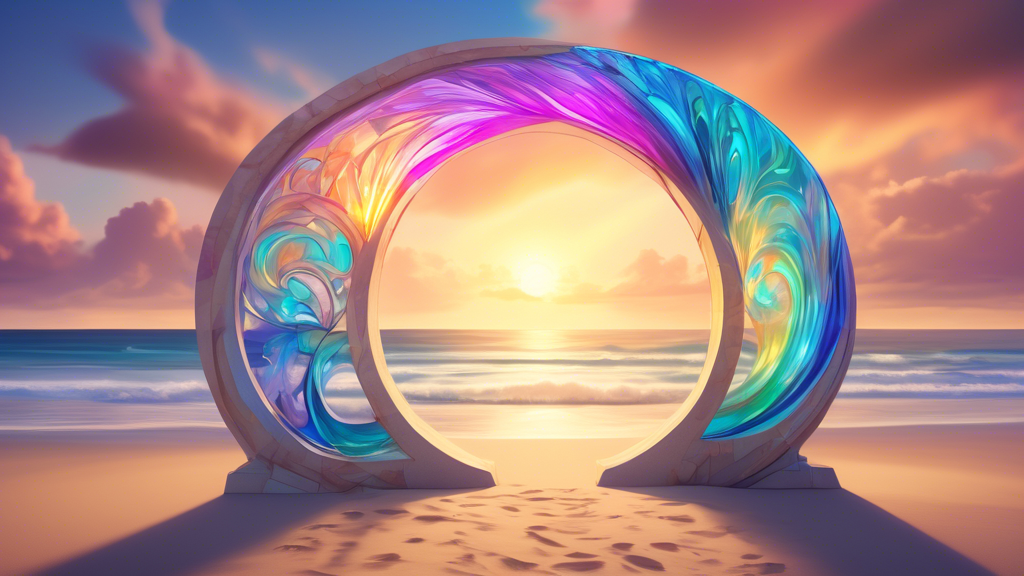 A swirling portal of iridescent light materializes on a sunny beach, with the words Shelly Beach inscribed on an archway.