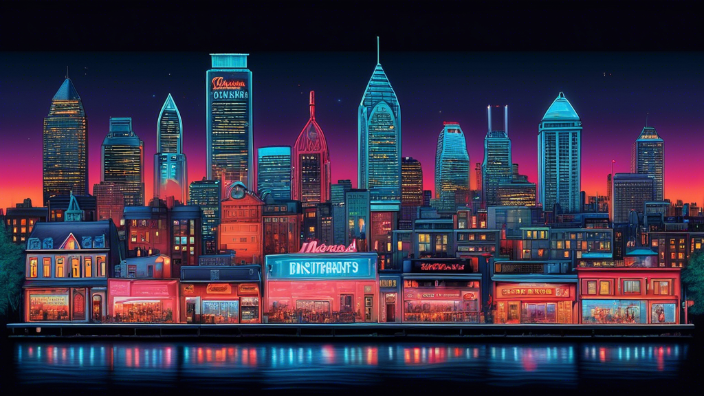 A panoramic skyline of Montreal at dusk with glowing neon signs highlighting the names of 14 famous restaurants, each showcasing a unique and inviting facade, bustling with happy diners.