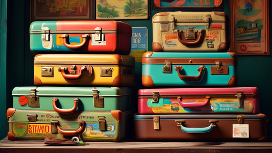 Vintage suitcases stacked with travel stickers and labels, each displaying a different stylized font.