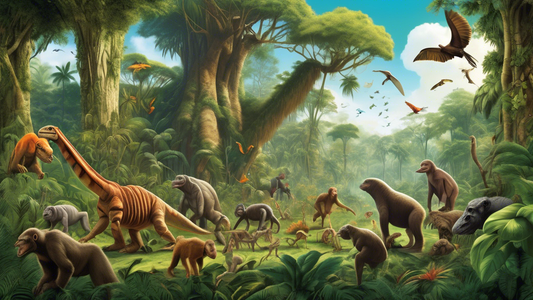 A lush, vibrant jungle thriving with a diverse array of mammals, birds, and early primates under a bright, clear sky, showcasing nature reclaiming the earth with no dinosaurs in sight, symbolizing the resurgence of life after the dinosaur apocalypse.