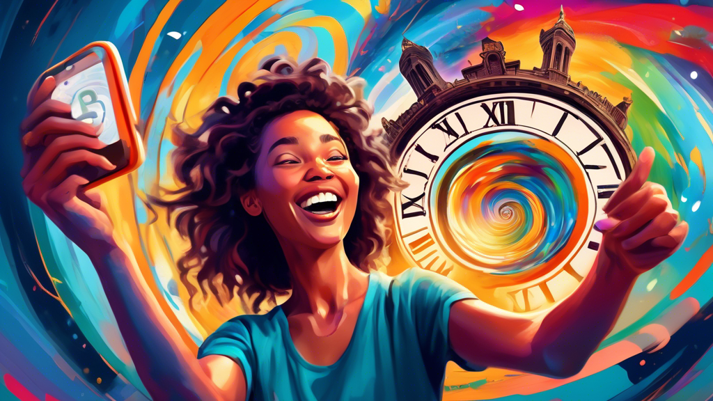 A vibrant digital painting of a joyful solo traveler taking a selfie at a famous global landmark, with an empty calendar and a swirling vortex leading to a clock stuck at the beginning of 2020 in the background.