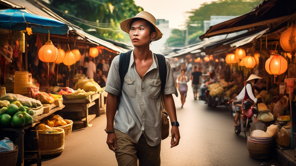 Create an image that depicts a defiant traveler in Thailand, ignoring the advice of a cautious tour guide, with lush Thai landscapes and iconic landmarks in the background. The traveler confidently ex