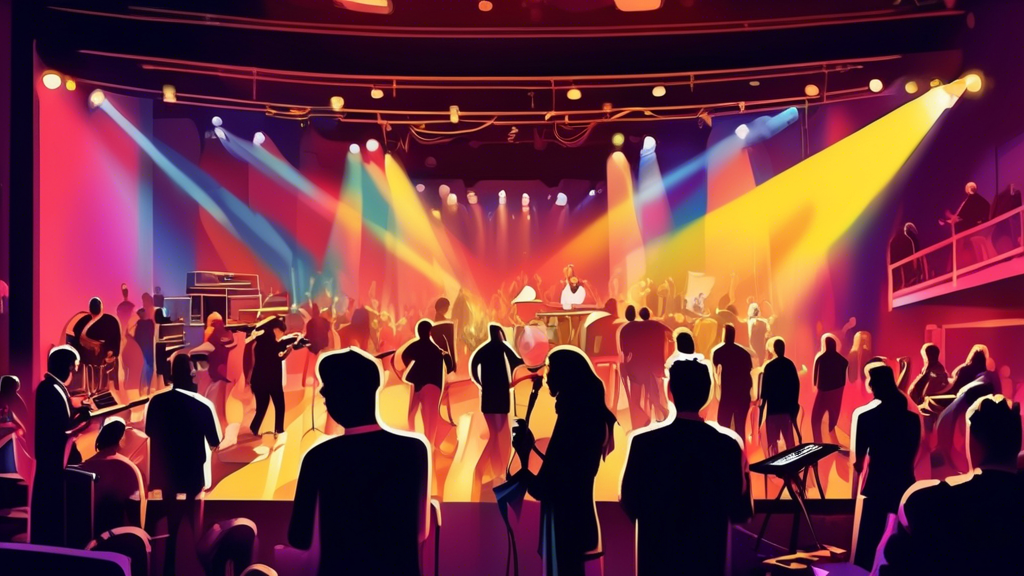 A bustling backstage area of a concert hall filled with musicians and crew members preparing for a live performance recording, with colorful stage lights illuminating their focused expressions.