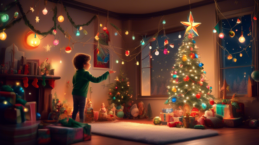 A cozy Christmas scene with a lopsided Christmas tree decorated with mismatched ornaments and tangled lights, a child placing a star on top.