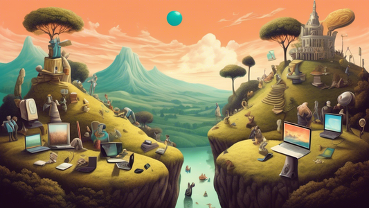 An illustrative, whimsical hilltop landscape where classic sculptures and contemporary items (like smartphones and laptops) are thoughtfully integrated, symbolizing the 'Hill of Irony' in a magical realist style.