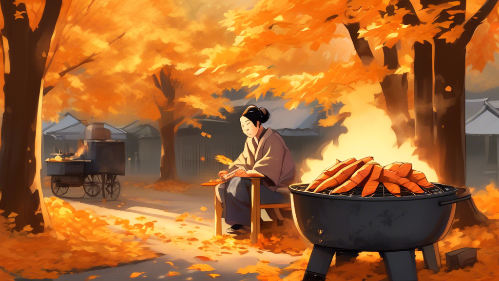 A cozy autumn scene of a traditional Japanese street vendor, with a glowing charcoal stove, gently roasting sweet potatoes wrapped in foil, surrounded by golden maple leaves.