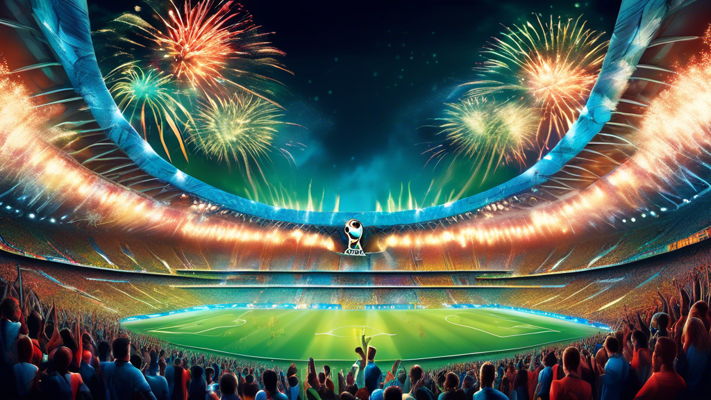 A futuristic view of a soccer stadium with the Copa America logo illuminated, surrounded by fireworks and cheering fans, with 2024 projected in the sky.