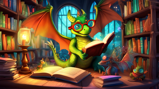 A friendly dragon with glasses reading a story to a group of children in a whimsical library filled with glowing books and flying creatures