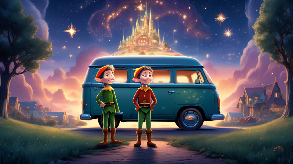 Detailed illustration of two elf brothers standing in front of a magical van under a starry sky, with an enchanted suburban landscape in the background, capturing the essence of Pixar's Onward movie.