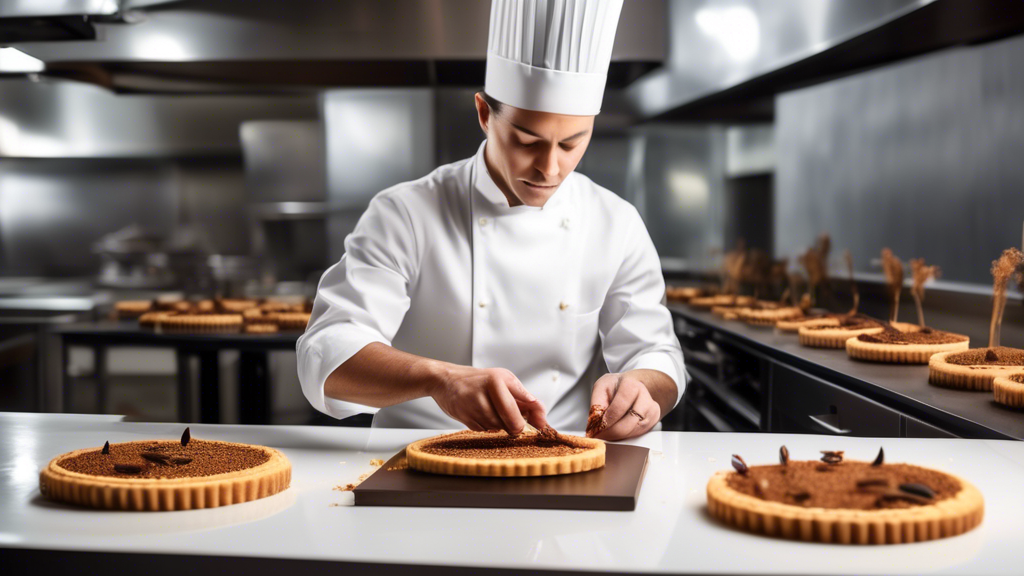 An elegant pastry chef putting the finishing touches on a gourmet tart filled with termites, in a luxurious and modern kitchen setting, showcasing the unique culinary delight with pride.