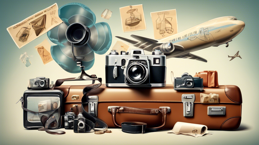 a vintage film camera sitting atop a suitcase, surrounded by rolls of film, with airplane icons flying overhead, while a protective X-ray-proof lead bag is highlighted in the foreground