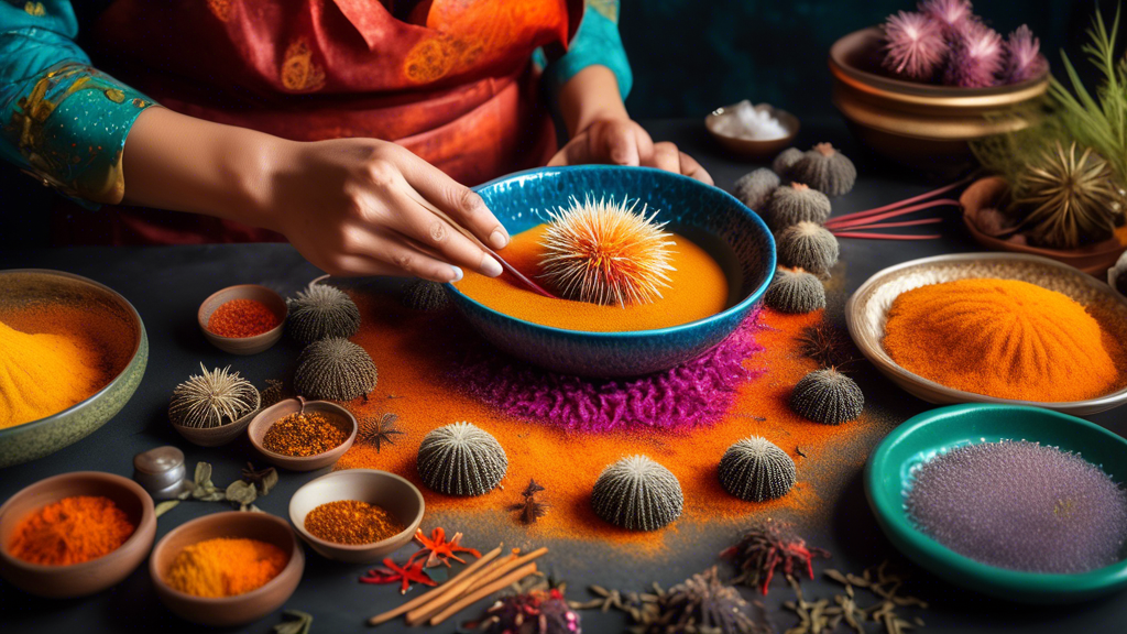 A vibrant and colorful kitchen scene showing a person sprinkling finishing spices over a steaming bowl of urchin uppuma, with freshly harvested sea urchins and a variety of spices laid out on the counter.