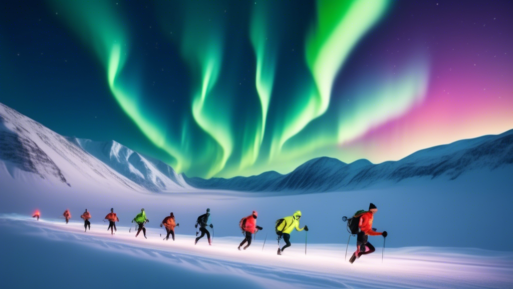 A group of endurance athletes racing under the aurora borealis across a vast, snowy landscape in the Montane Yukon Arctic Ultra 2023 event.