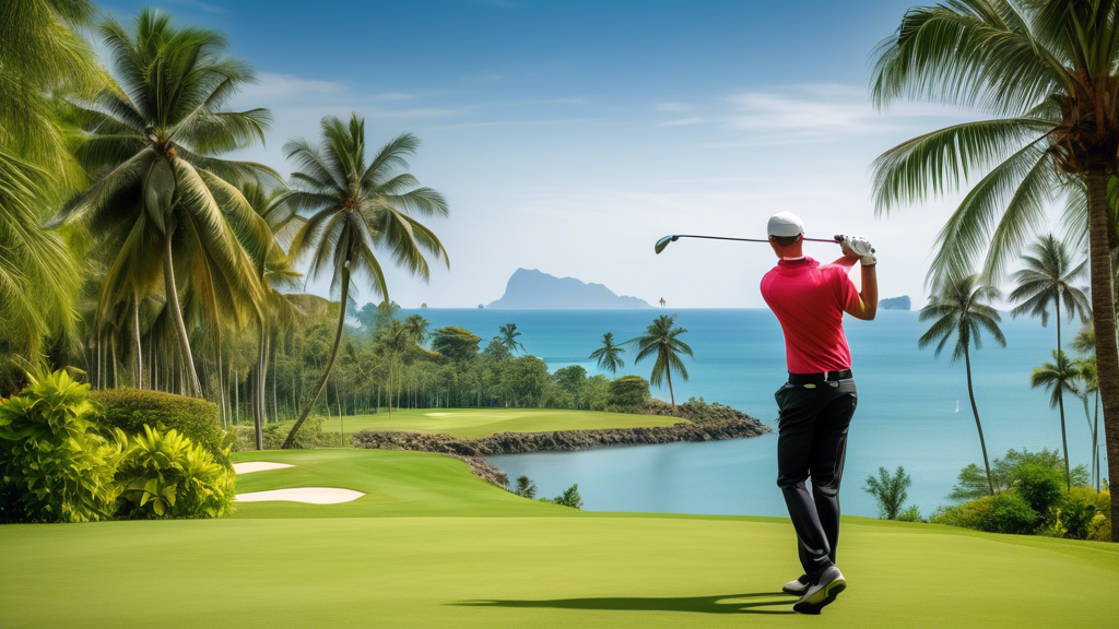 Create a vibrant image of an expat golfer enjoying a lush, picturesque golf course in Phuket, Thailand. The golfer is mid-swing against a backdrop of tropical scenery, featuring palm trees, clear blue