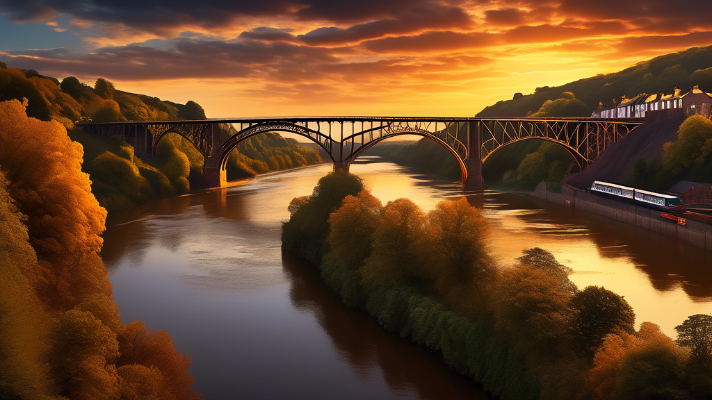 Dramatic sunset casting golden hues over the iconic Ironbridge in Shropshire, England, with the tranquil River Severn flowing beneath.