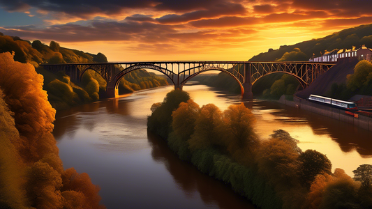 Dramatic sunset casting golden hues over the iconic Ironbridge in Shropshire, England, with the tranquil River Severn flowing beneath.