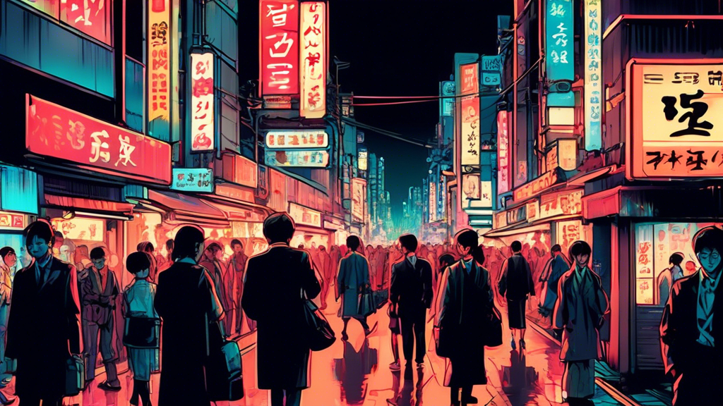 A bustling Tokyo street scene with a mix of polite actions and impolite behavior in sharp contrast, under the bright neon lights.