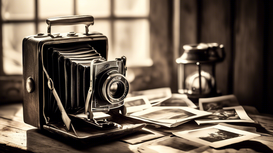 An antique camera on a rustic wooden table, surrounded by scattered black and white vintage photographs depicting various historical events, with soft sunlight filtering through an old window illuminating the scene.