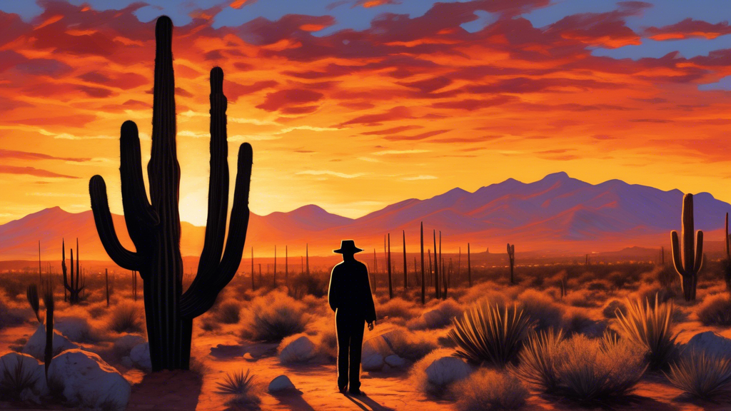 Sunset illuminating the iconic Saguaro cactus and ancient petroglyphs in the Sonoran Desert, with the silhouette of a person standing in awe, capturing the essence of Tucson, Arizona's heritage.